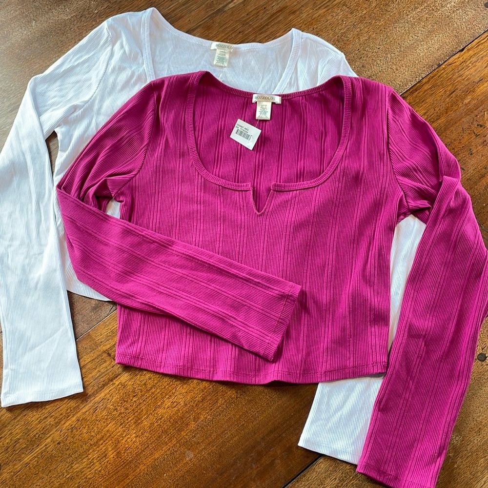 (2) Bozzolo Plunge Neck Ribbed Crop Tops, L